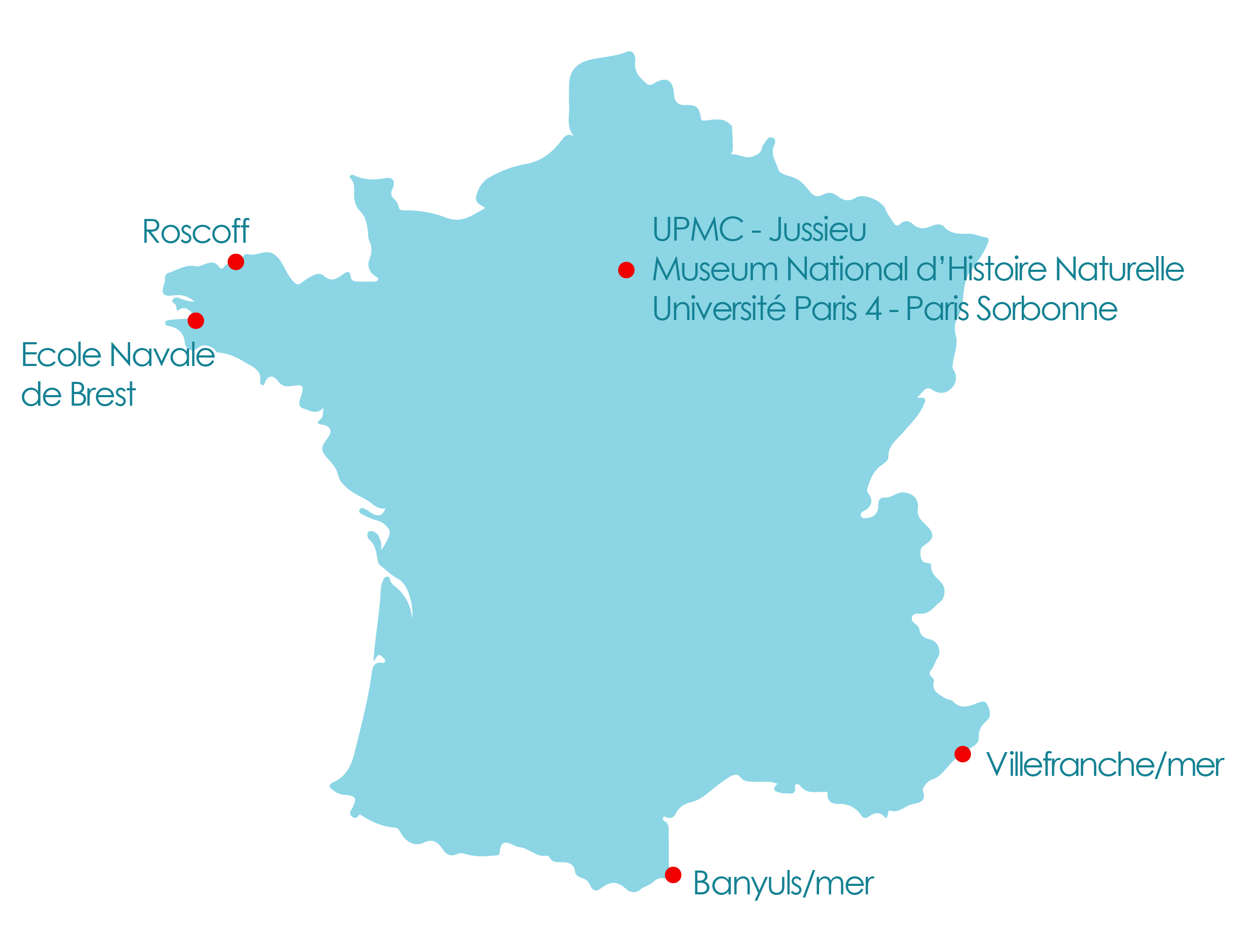 Carte de France avec la position géographique des établissements associés au projet